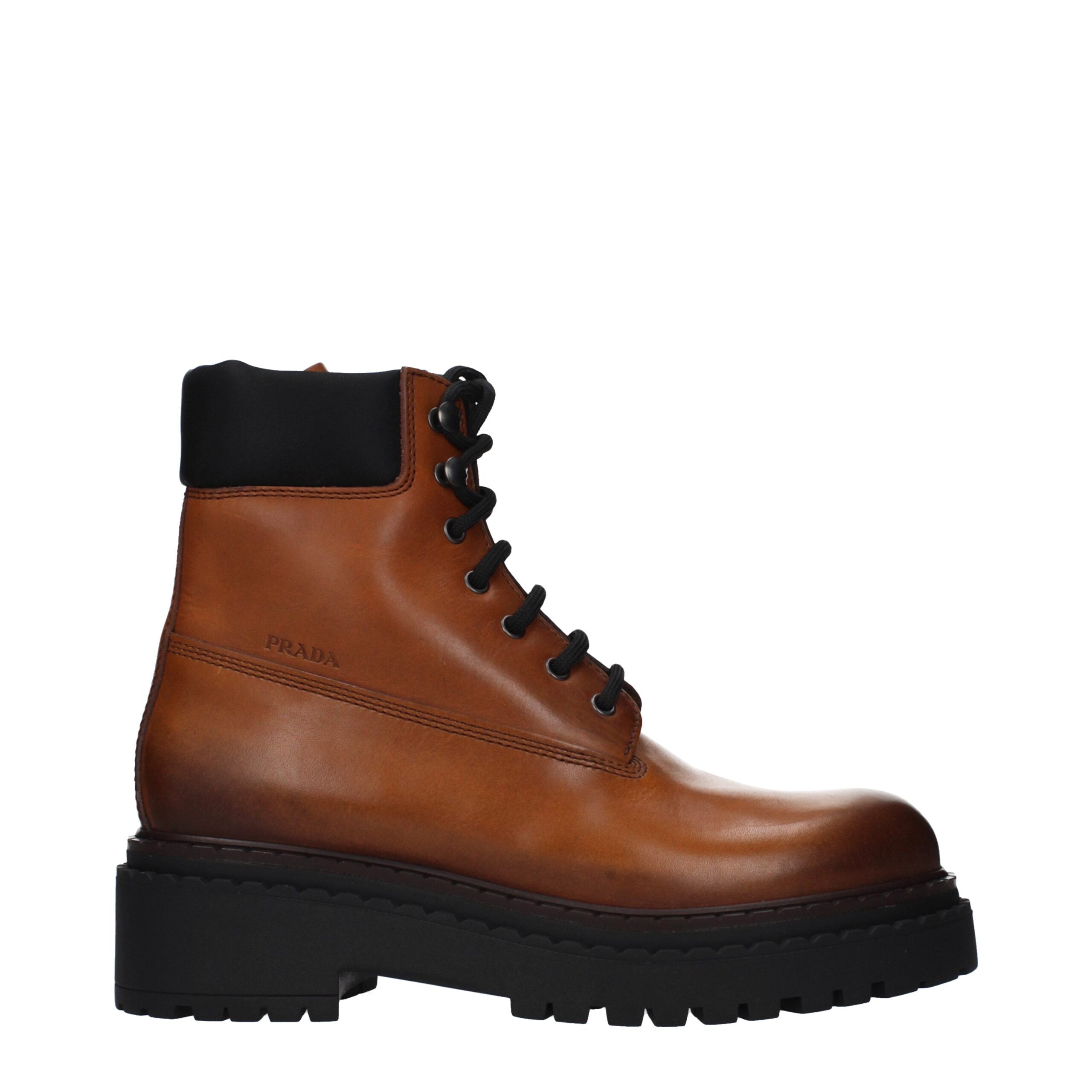 Brown Leather Ankle Boots with Vintage Logo by Prada