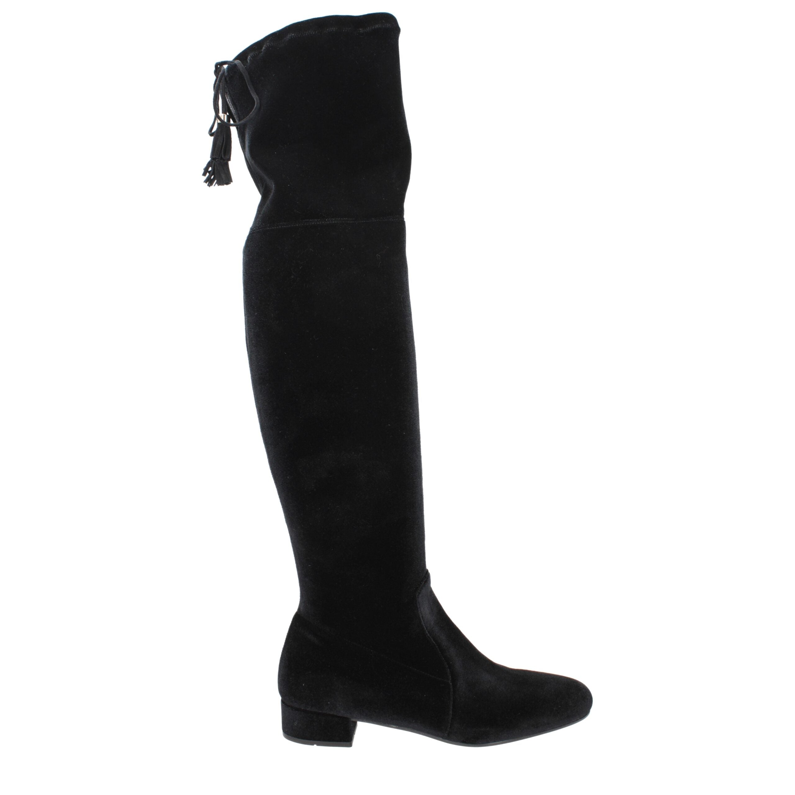 Schwarze Overknee-Stiefel aus Samt mit Fransen