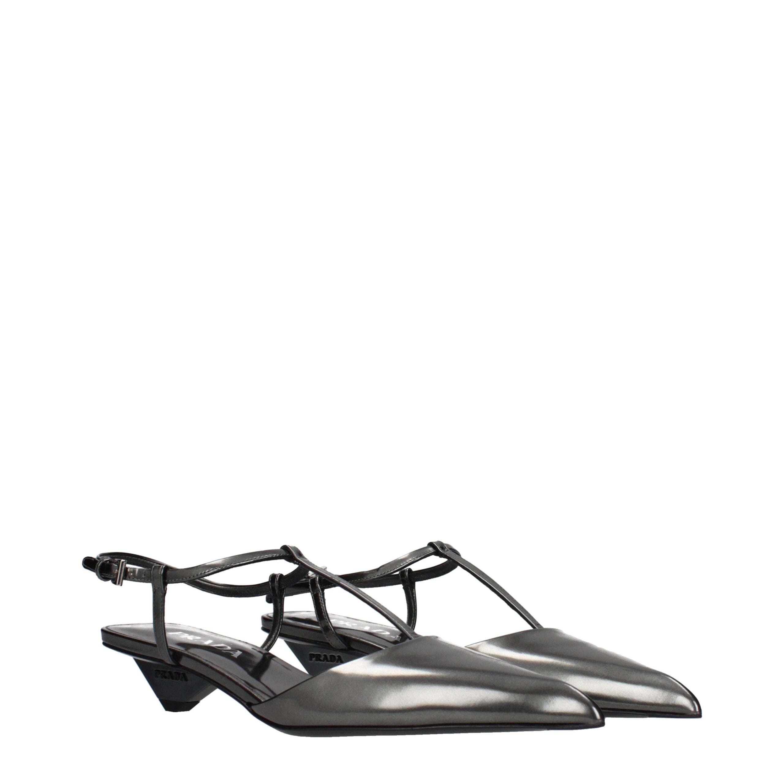 Gray Leather Sandals with Metallic Effect