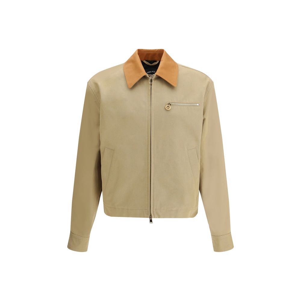 Beige Cotton Jacket with Leather Collar Full-Length