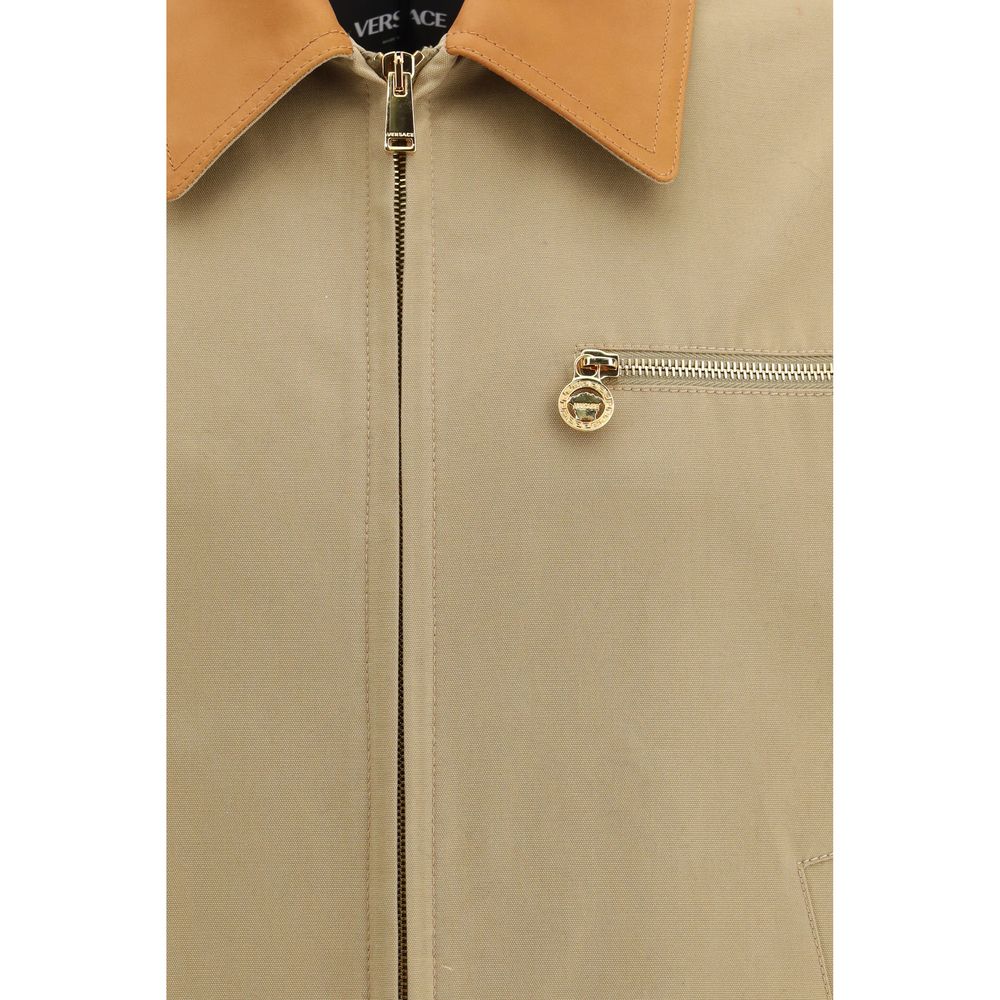 Beige Cotton Jacket with Leather Collar Full-Length