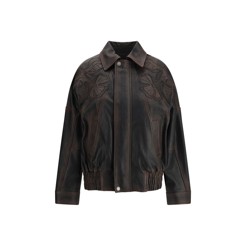 Brown Leather Bomber Jacket with Floral Embroidery