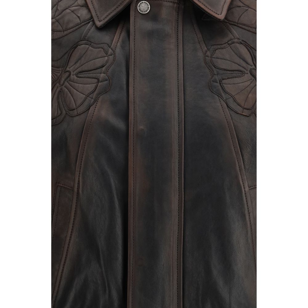 Braune Lederbomberjacke mit Blumenstickerei