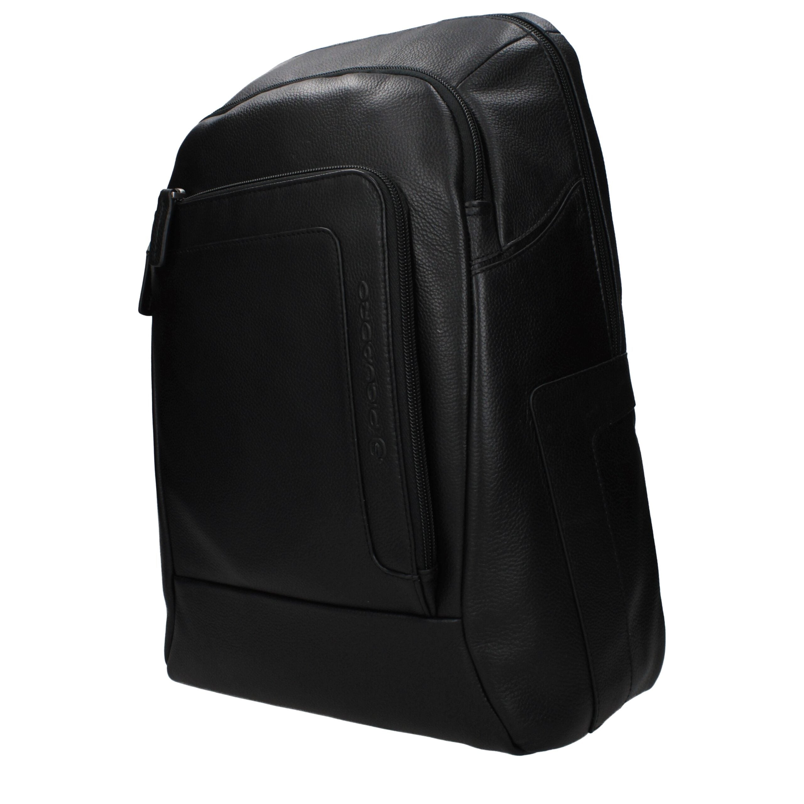Schwarzer Lederrucksack mit verstellbaren Trägern und Logo