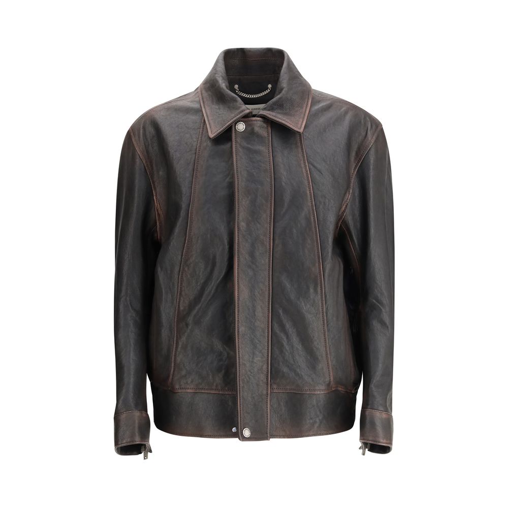 Burgundy Leather Bomber Jacket by Golden Goose