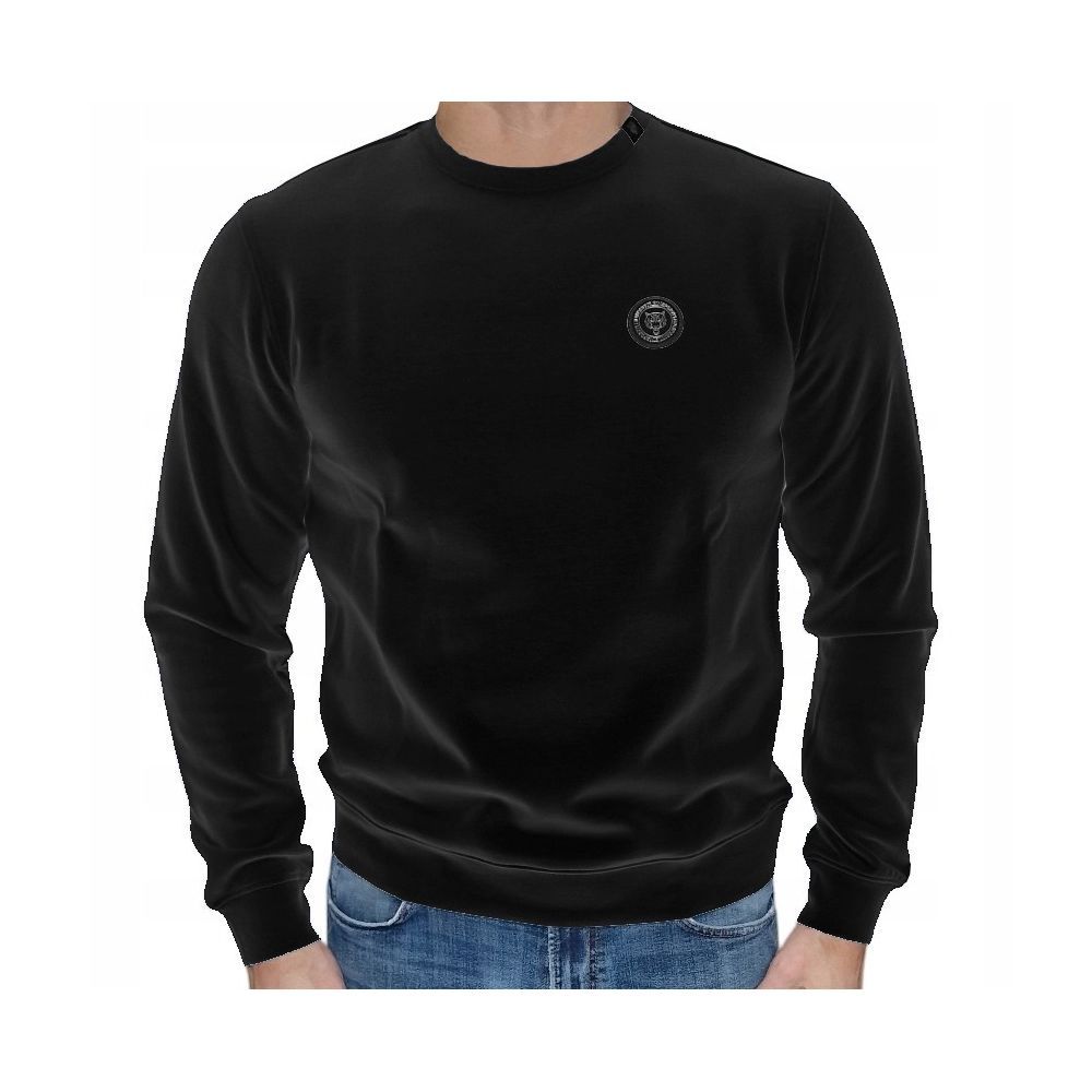 Black Cotton Crewneck Sweatshirt with Logo Plaque