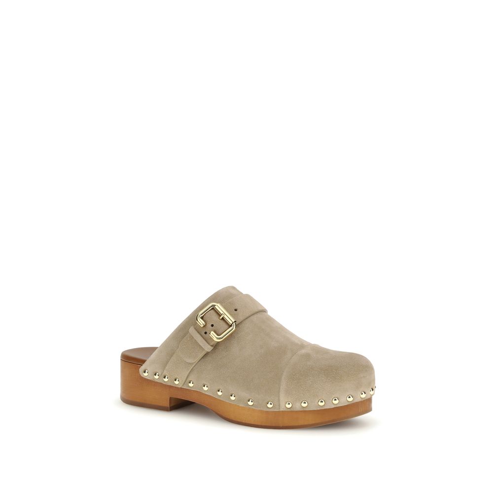 Beige Leather Clog Mules with Wooden Platform Wedge