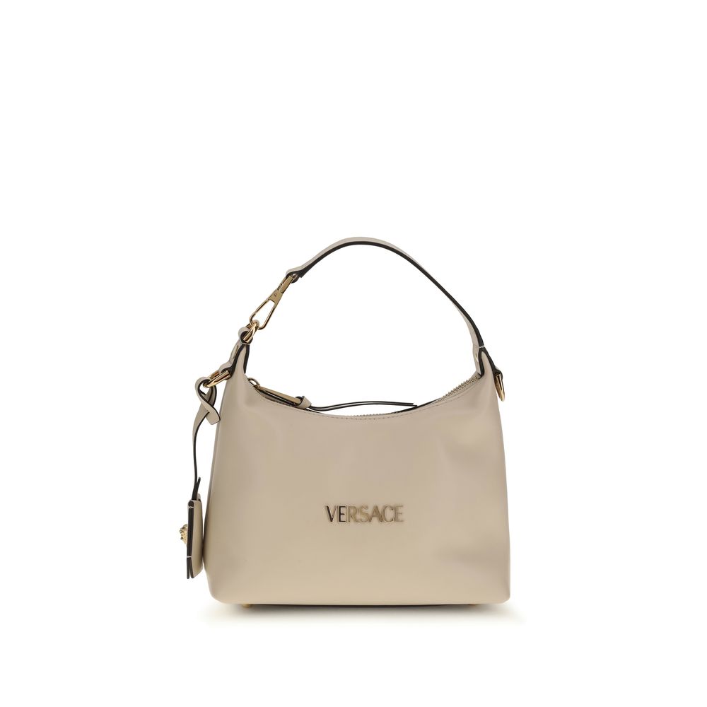 Beigefarbene Hobo-Handtasche aus Leder mit Monogramm-Plakette