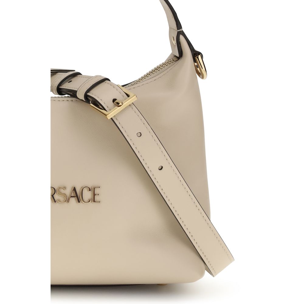 Beige Leather Hobo Handbag with Monogram Plaque