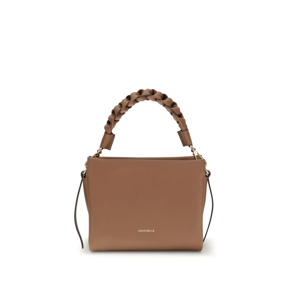 Beige Leather Shoulder Bag with Top Handle