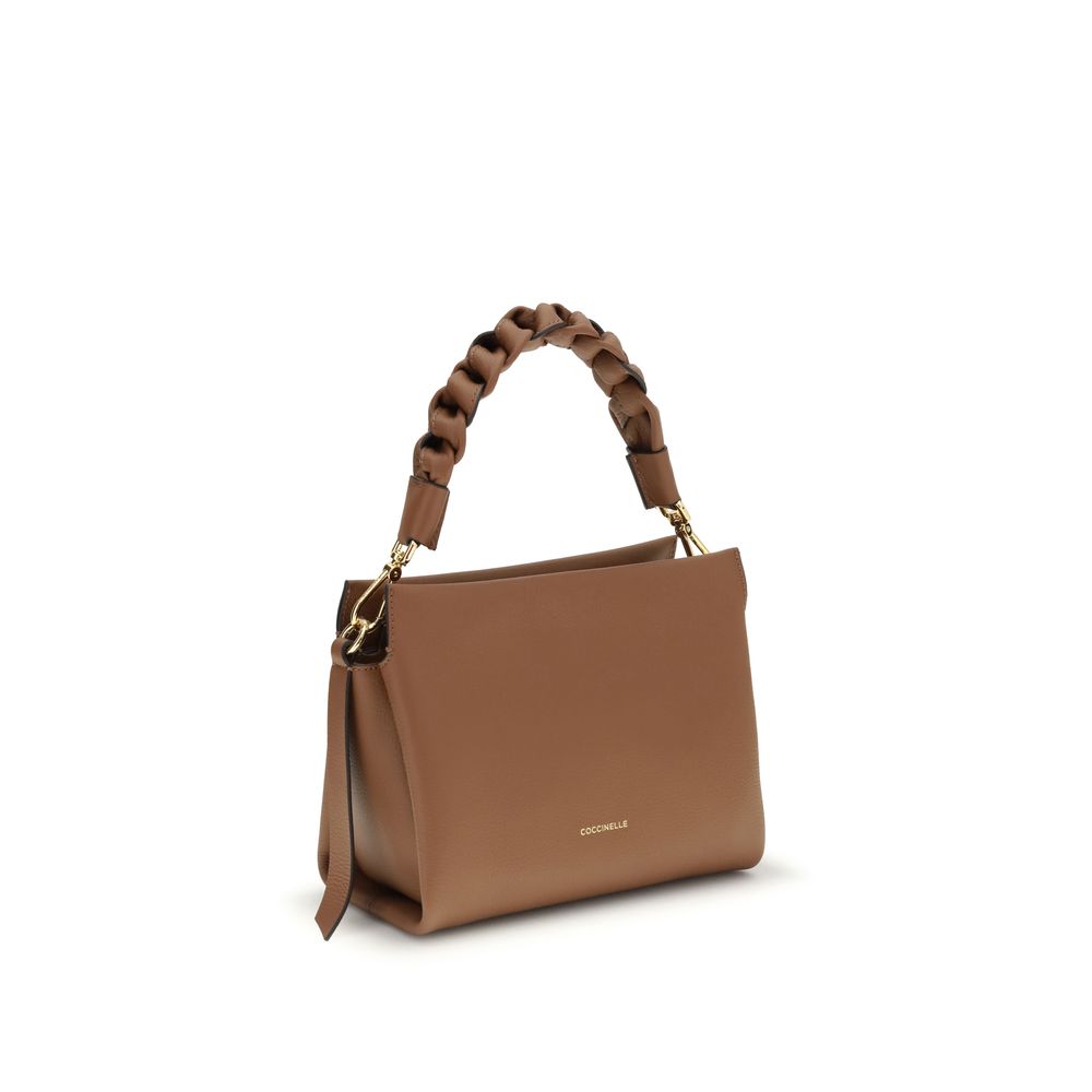 Beige Leather Shoulder Bag with Top Handle