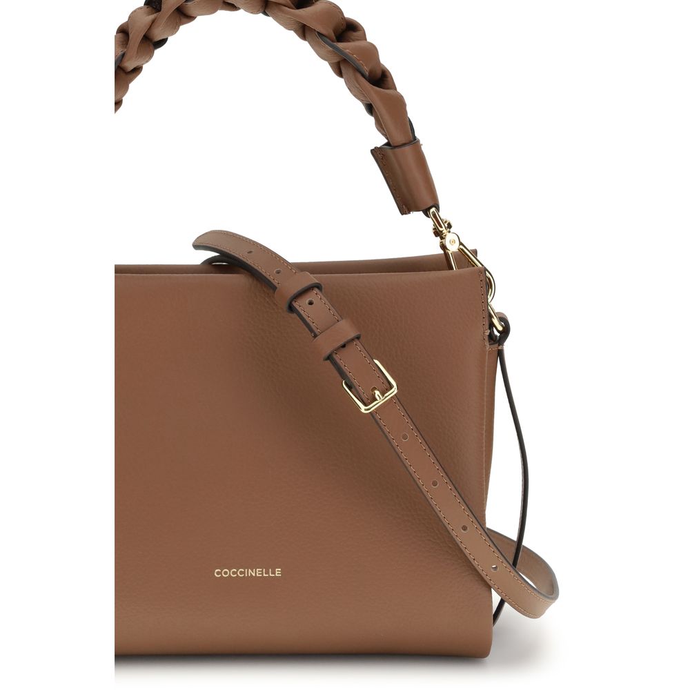 Beige Leather Shoulder Bag with Braided Top Handle