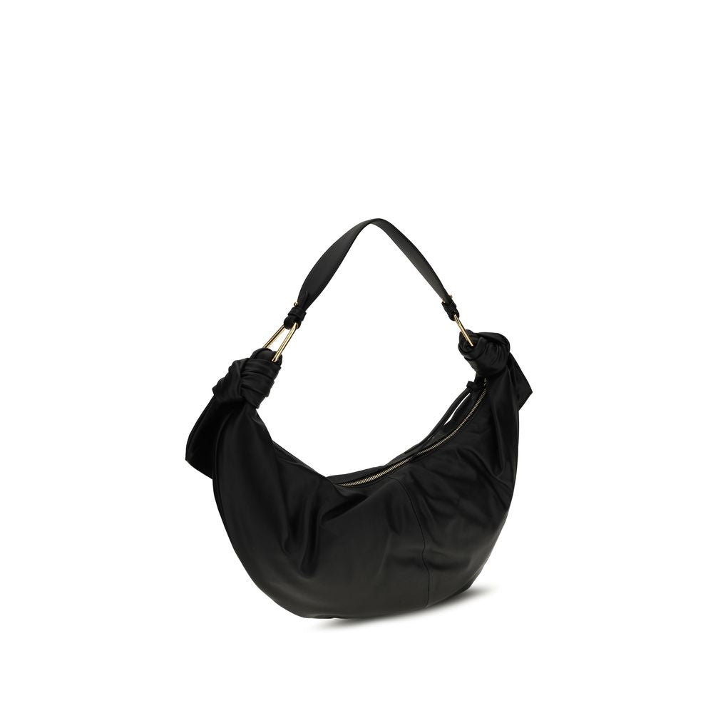 Black Leather Furoshiki Shoulder Bag with Zipper Closure