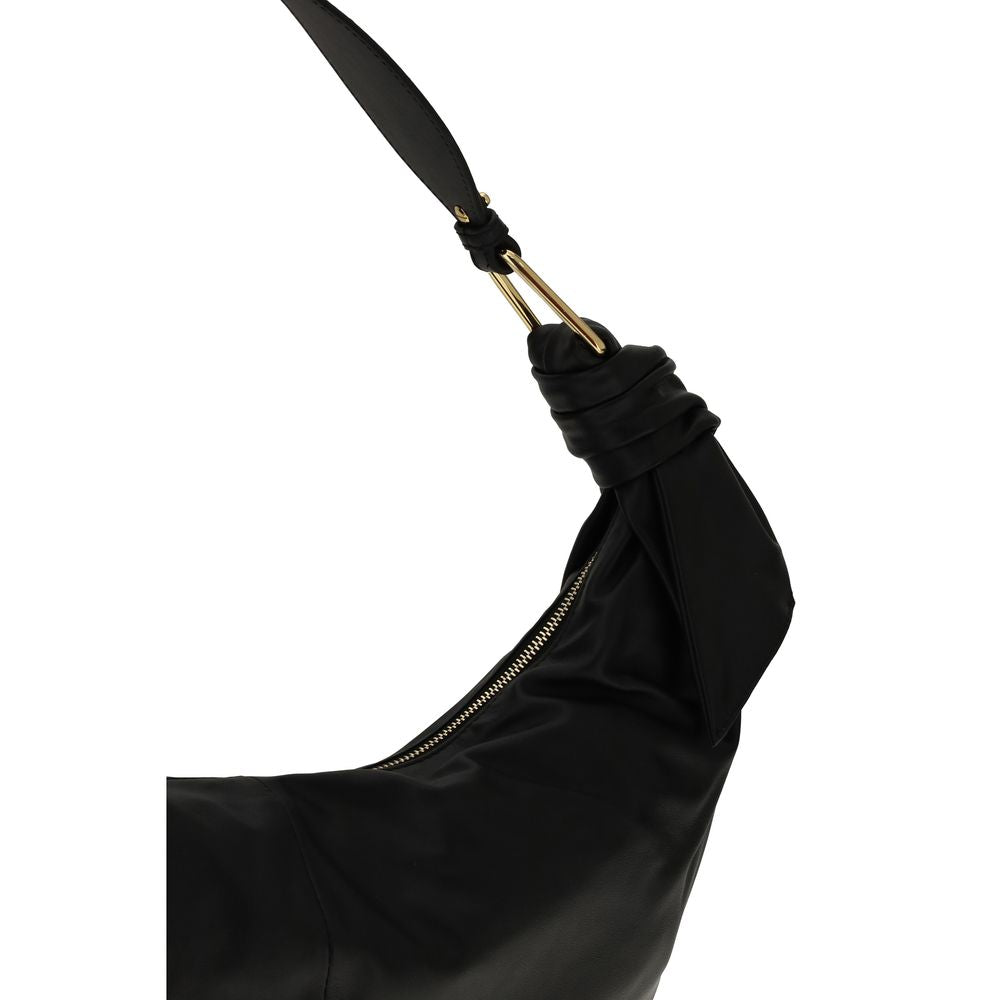 Black Leather Furoshiki Shoulder Bag with Zipper Closure