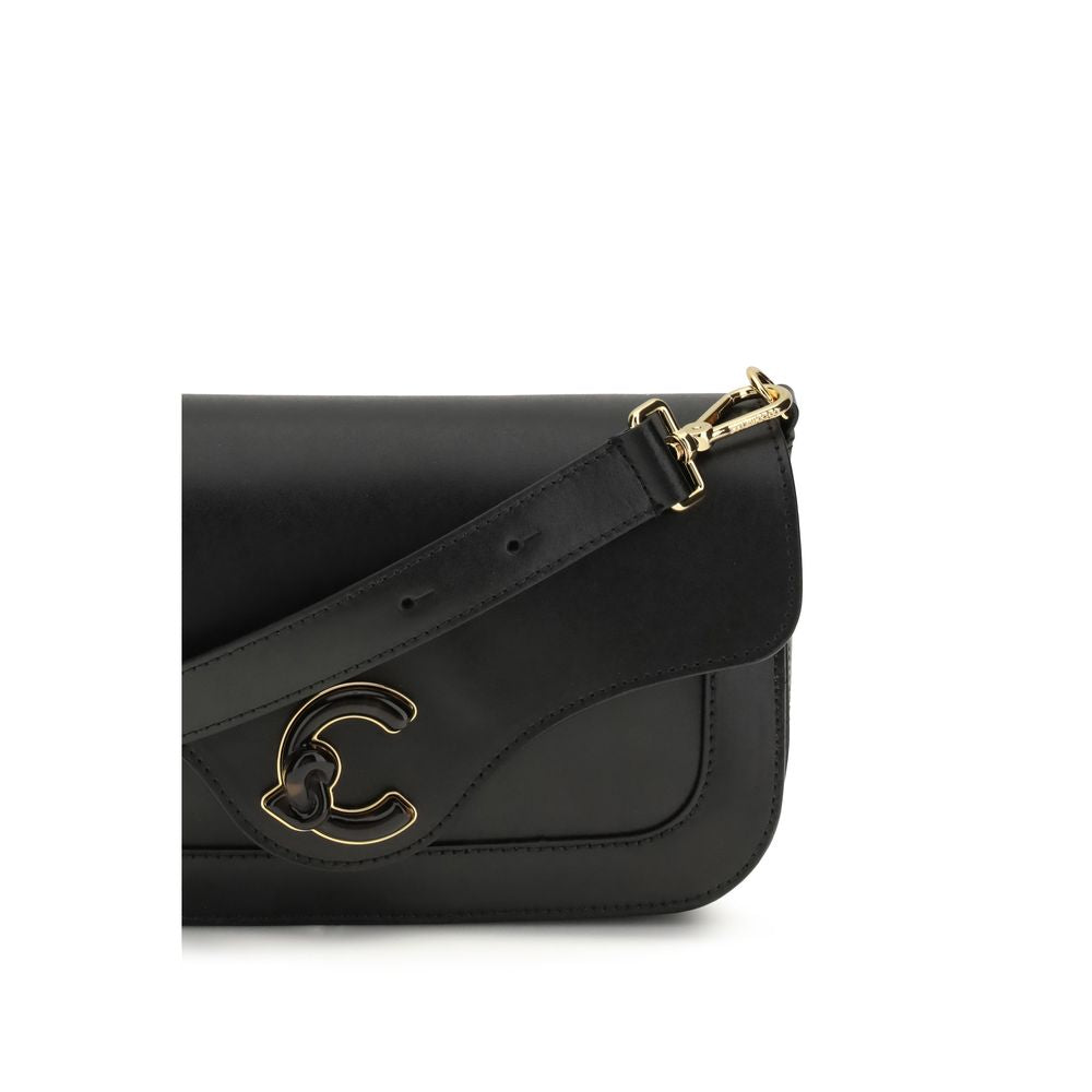 Black Leather C-Me Shoulder Bag with Logo Detail