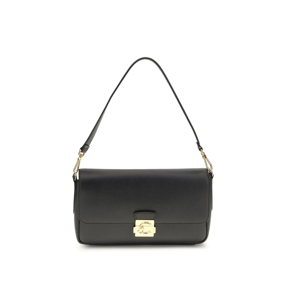 Schwarze C-Me Lock Schultertasche Medium aus Leder
