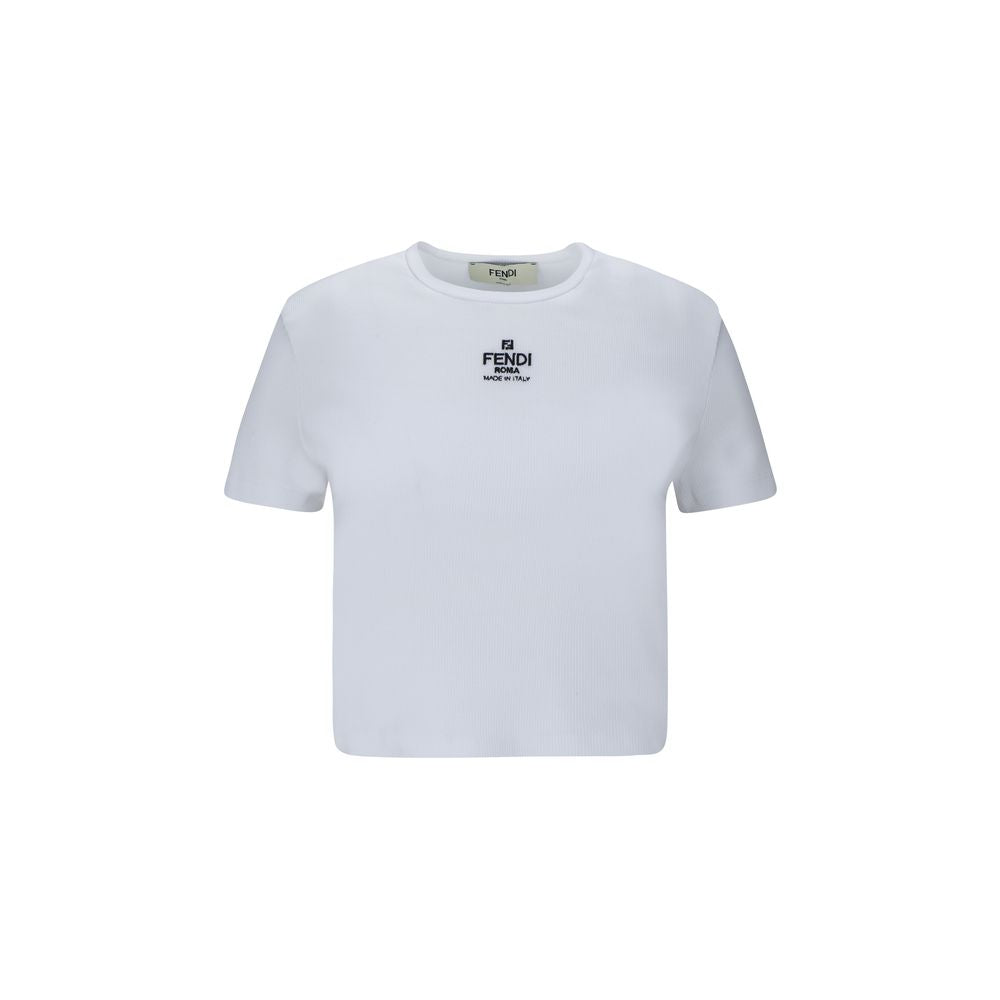 White Cotton T-Shirt with Fendi Logo Embroidery