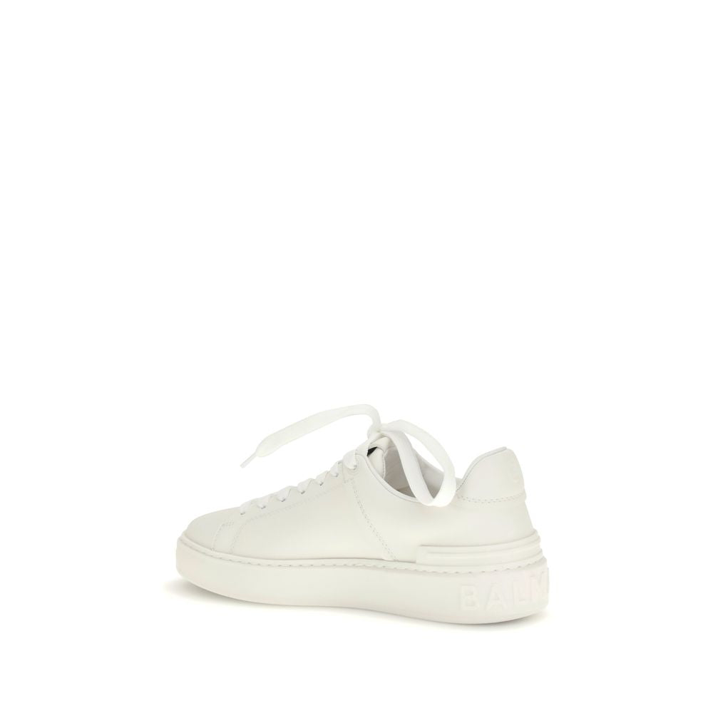 White Leather Low Top Sneakers by Balmain with Logo Detail