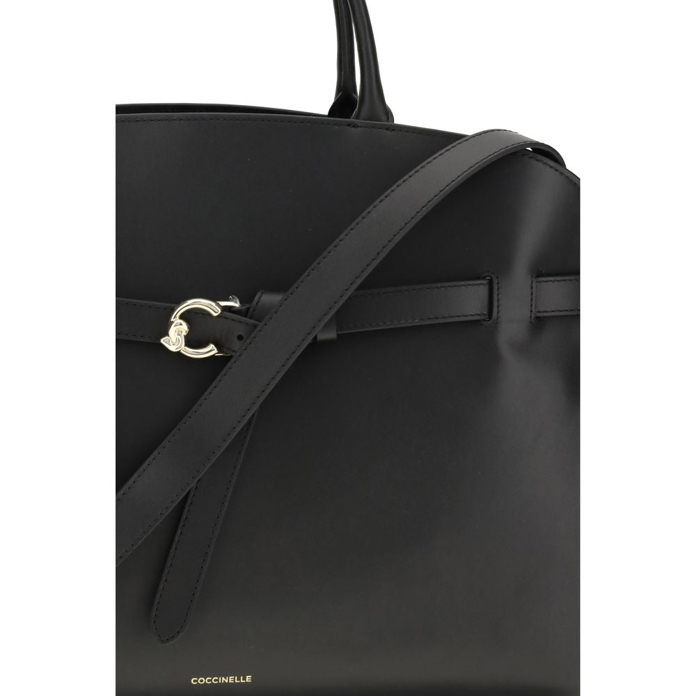 Black Leather Sabine Handbag with Logo Buckle