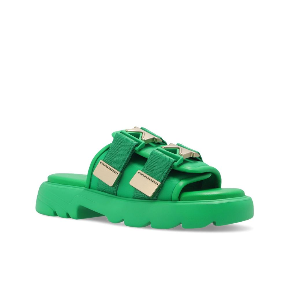 Bicolor-Nylon-Pantoletten mit Lederdetails