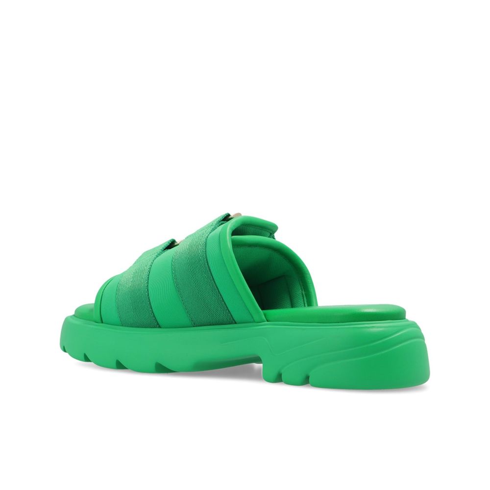 Bicolor-Nylon-Pantoletten mit Lederdetails