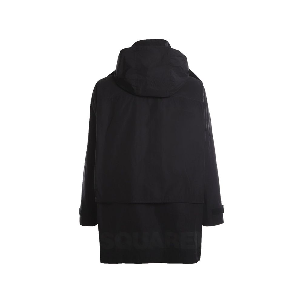 Black Synthetic Jacket with Hood and Zip Pockets