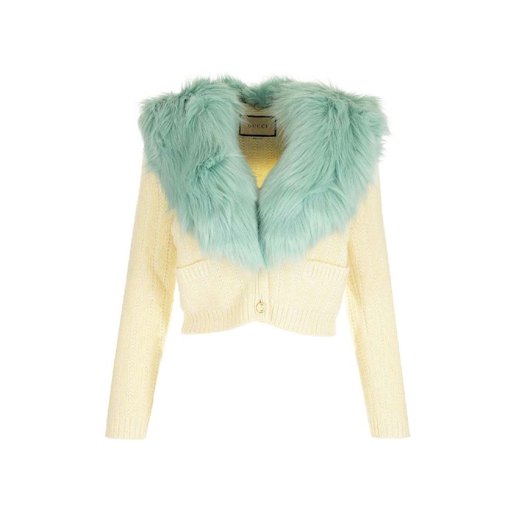 White Wool Cardigan with Faux Fur Collar and Pockets