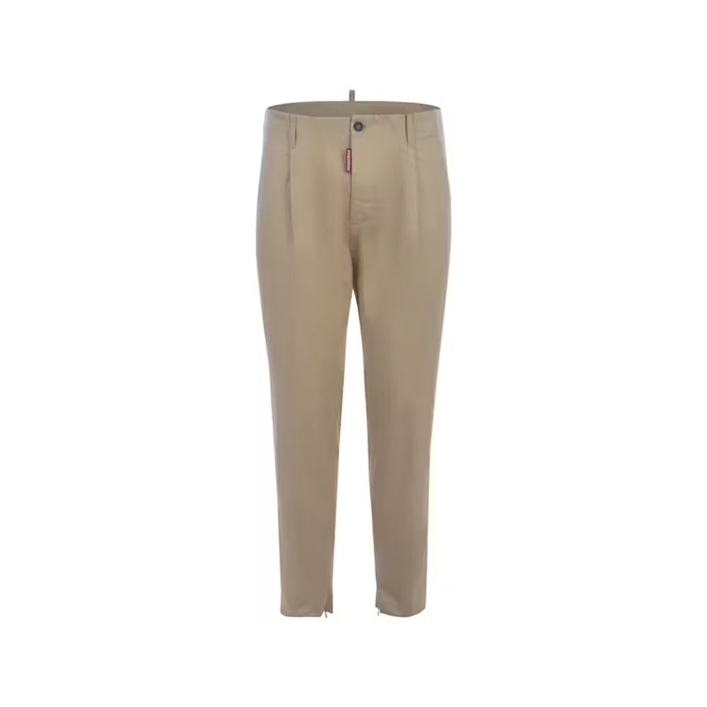 Beige Cotton Chino Pants with Zip Leg Detail