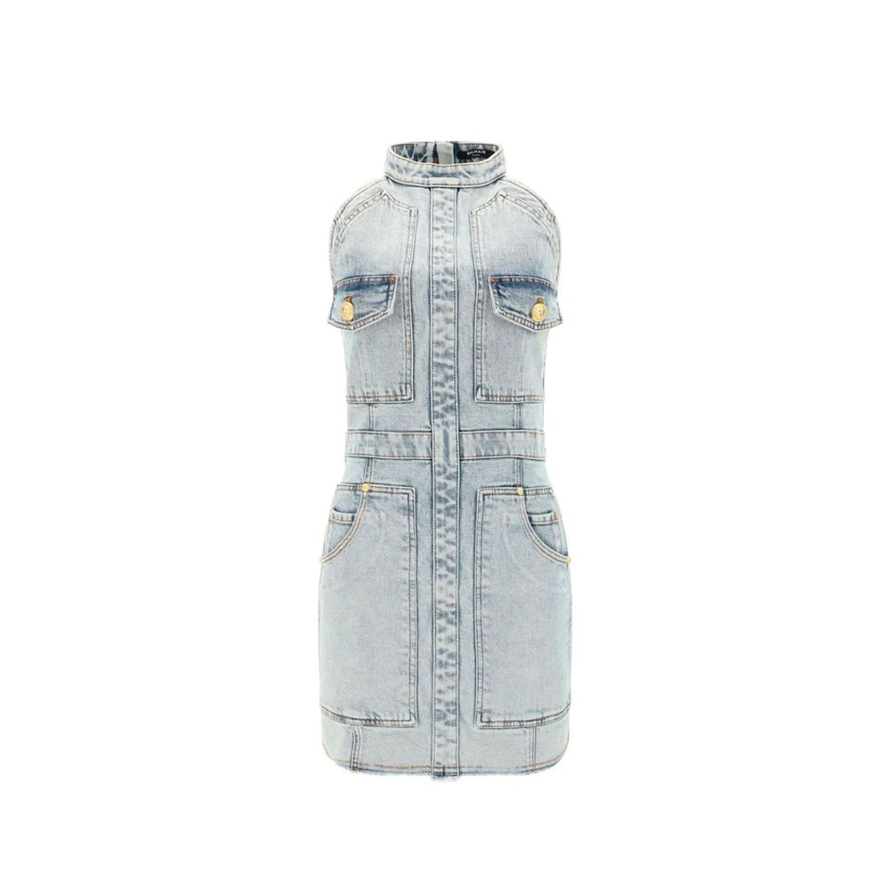 Blaues Baumwollkleid mit ausgefranstem Saum und Taschen