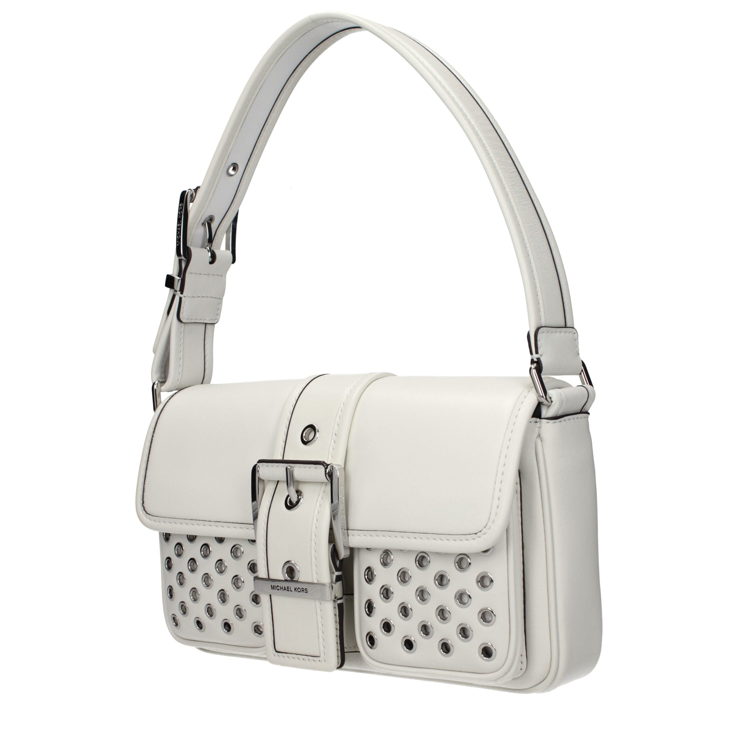 White Leather Shoulder Bag with Front Logo and Adjustable Handle