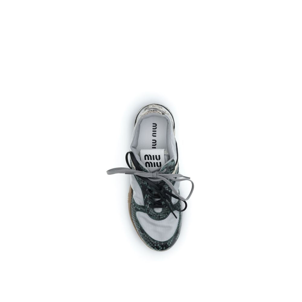 Gray Leather Sneakers with Python Print Detail