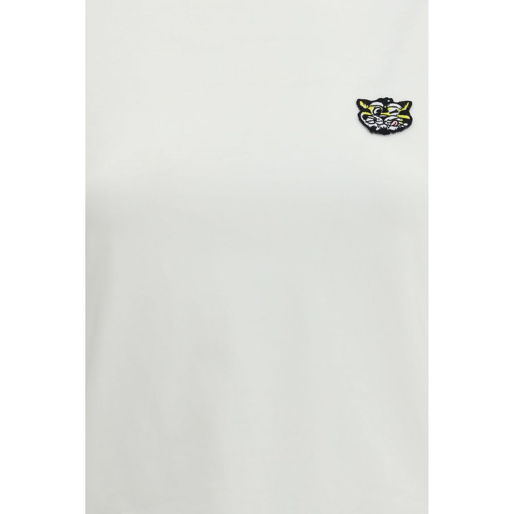 White Cotton T-Shirt with Embroidered Wild Tiger Design