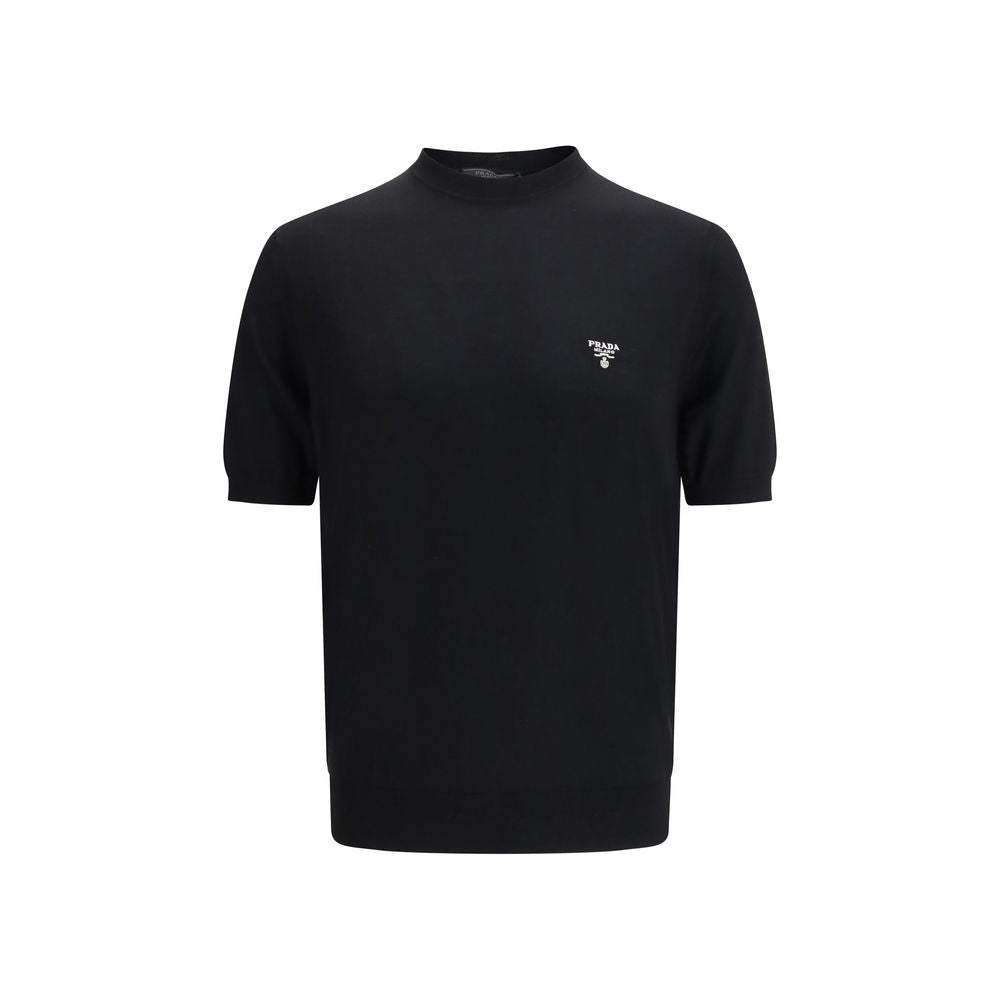 Schwarzes Woll-T-Shirt mit gesticktem Logo von Prada