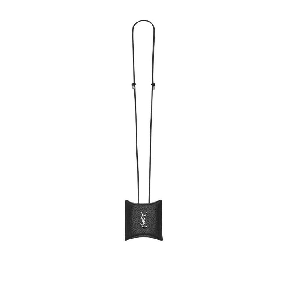Schwarzer Airpod-Halter aus Leder mit YSL-Logo