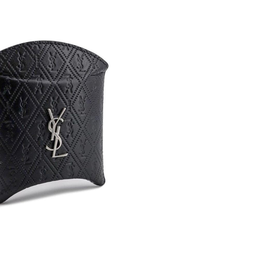 Black Leather Airpod Holder with Silver YSL Logo