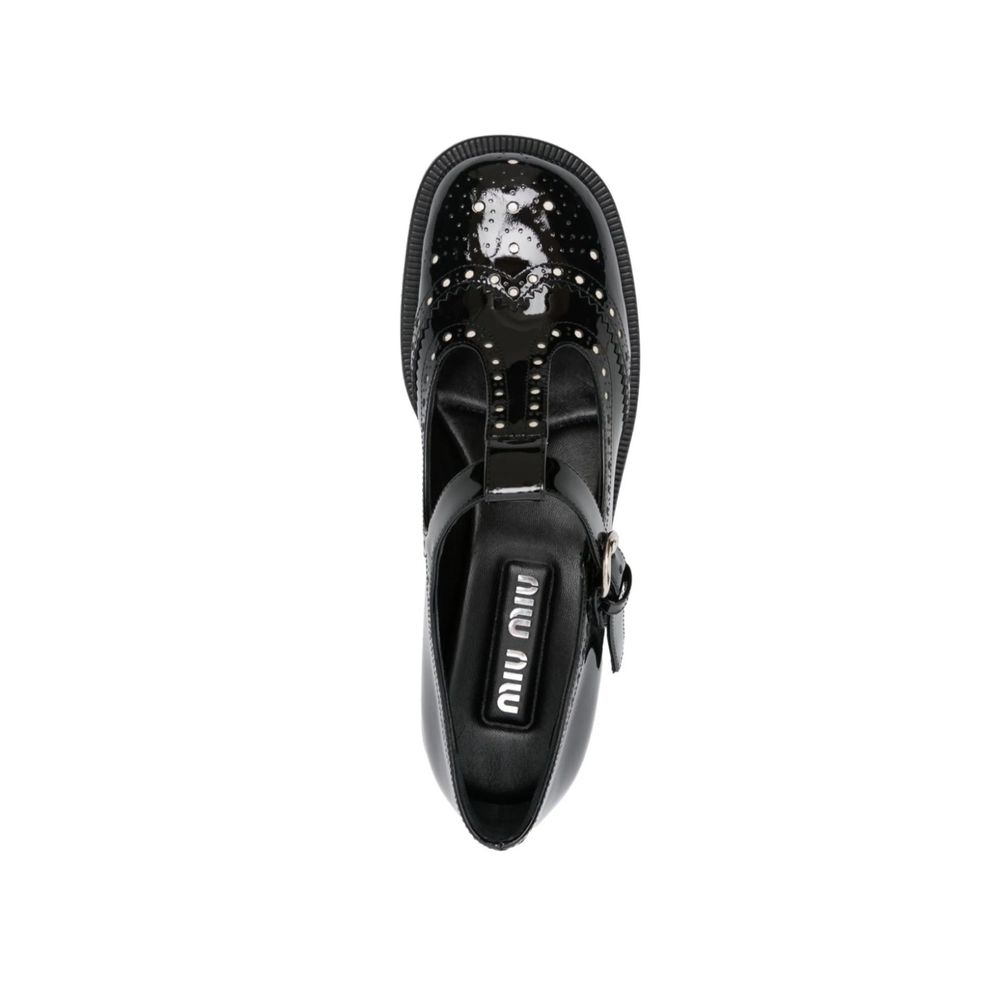 Black Leather Flats with Patent Cut-Out Detail