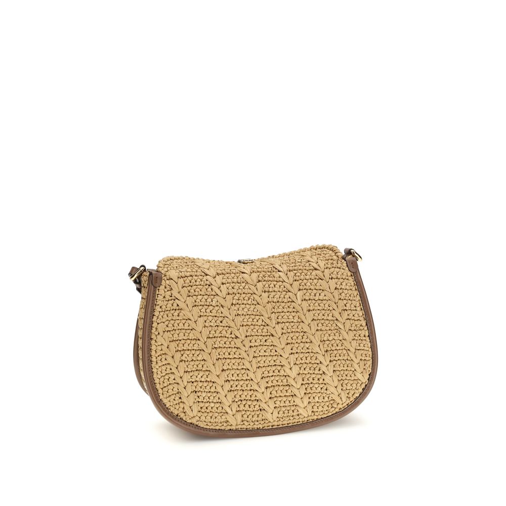 Beige Raffia Shoulder Bag with Pegasus Detail