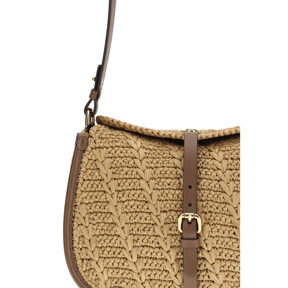 Beige Raffia Shoulder Bag with Pegasus Detail