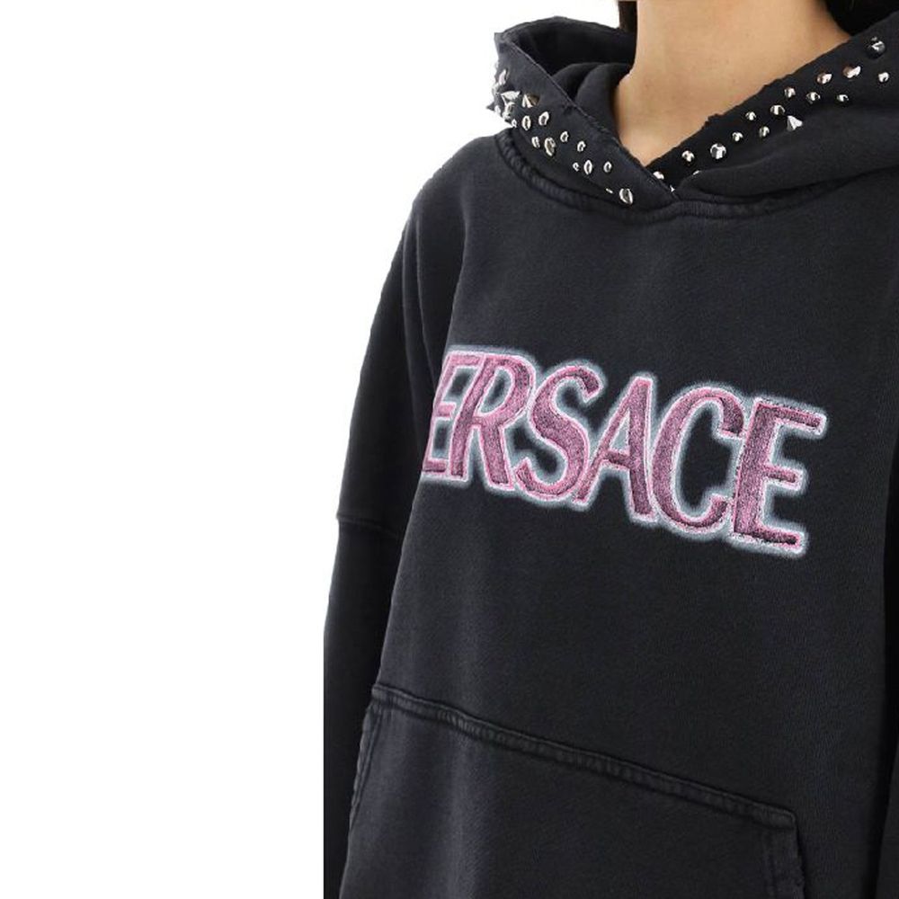 Black Cotton Hoodie with Logo Detail