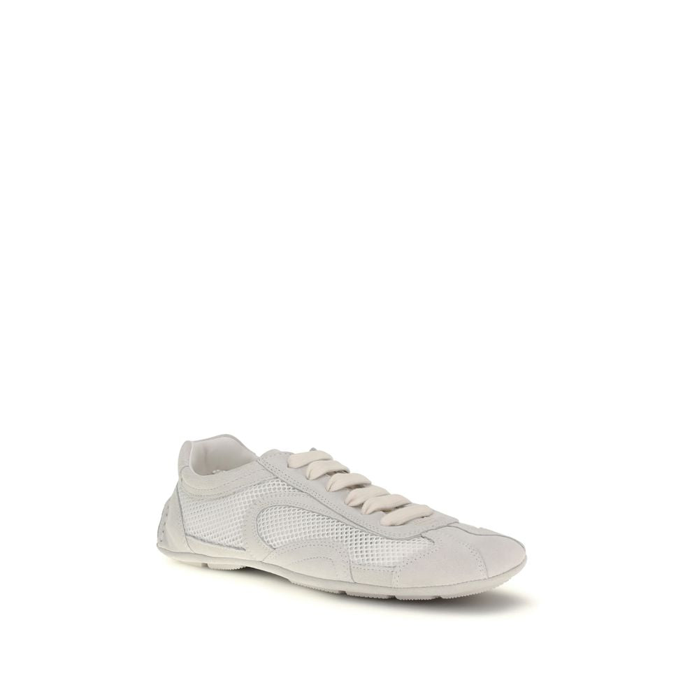 White Leather and Fabric Low Top Sneakers by Prada