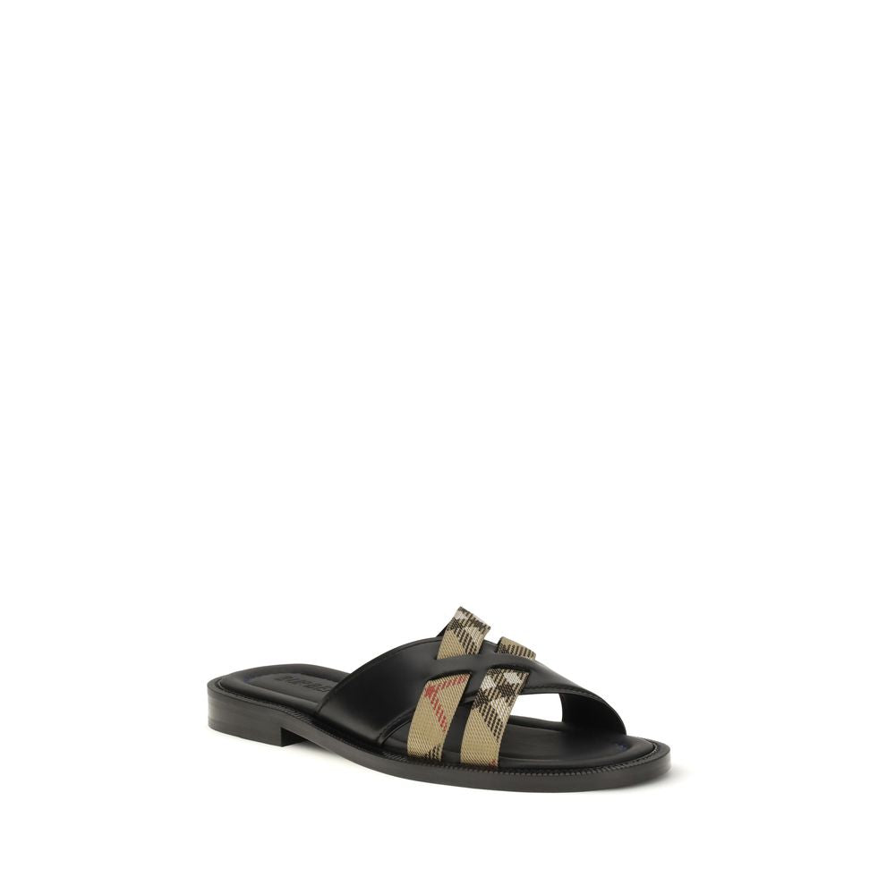 Schwarze flache Ledersandalen mit Burberry-Karoband