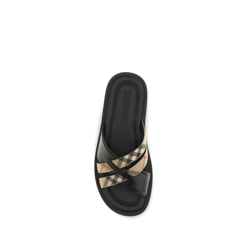 Black Leather Flat Sandals with Burberry Check Ribbon