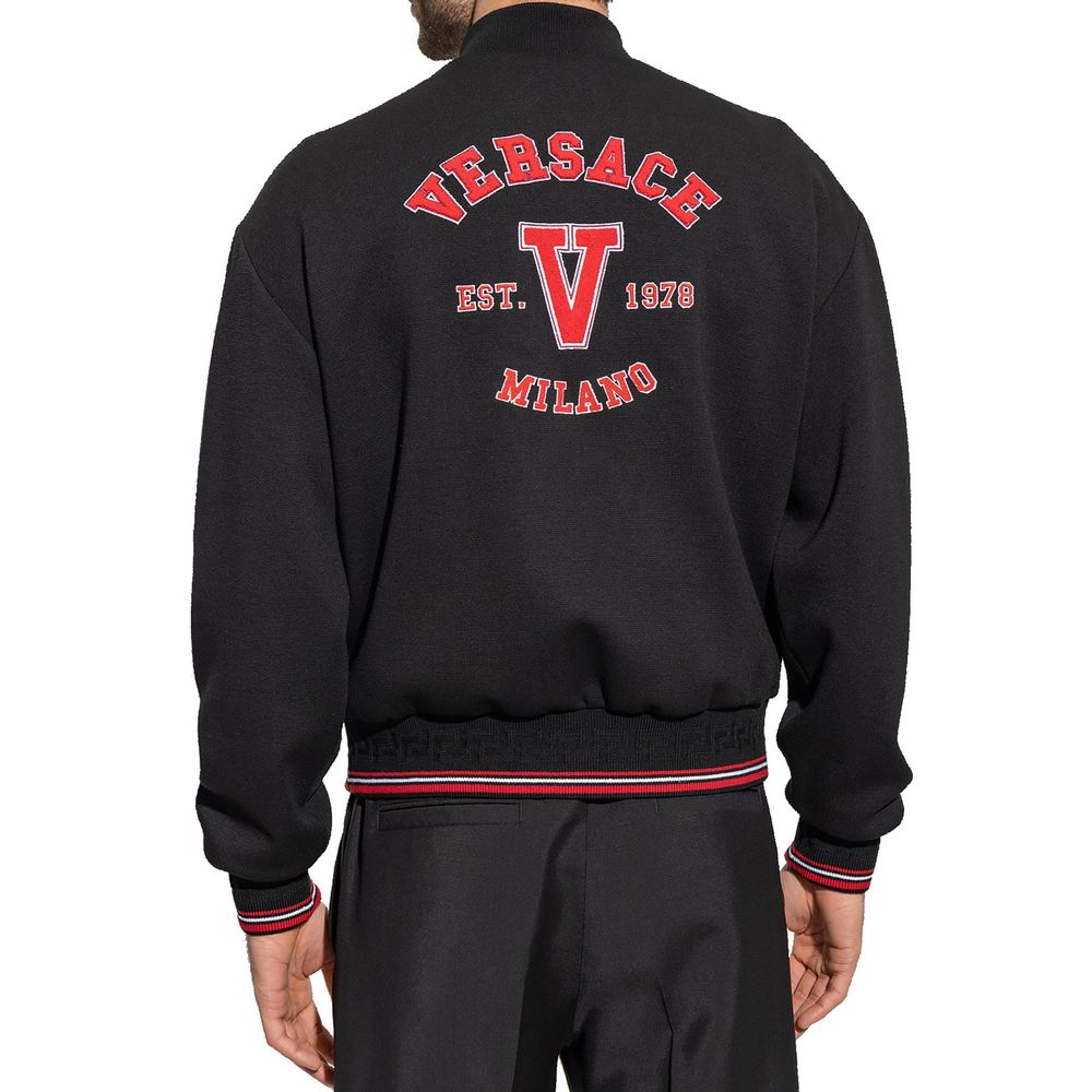 Black Wool Bomber Jacket with Logo Detail