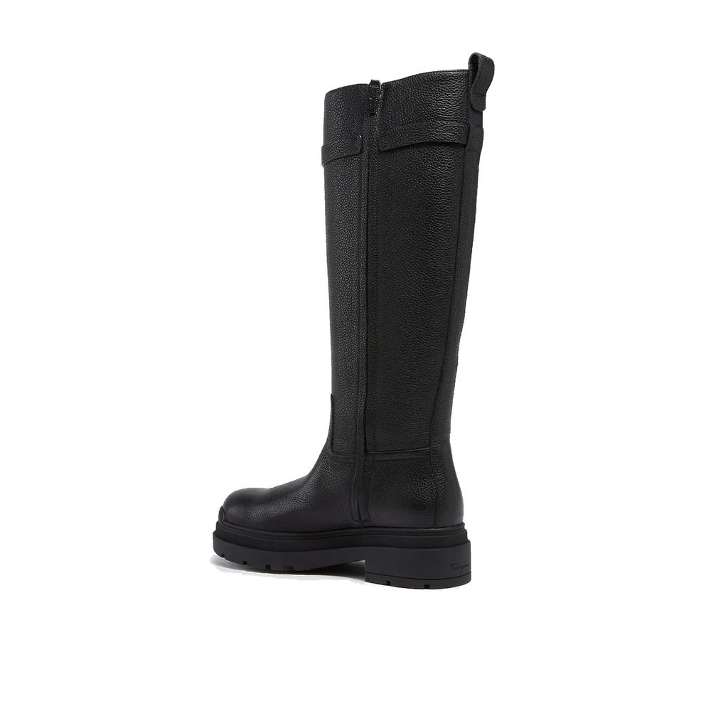 Black Leather Flat Boots with Side Zip Closure
