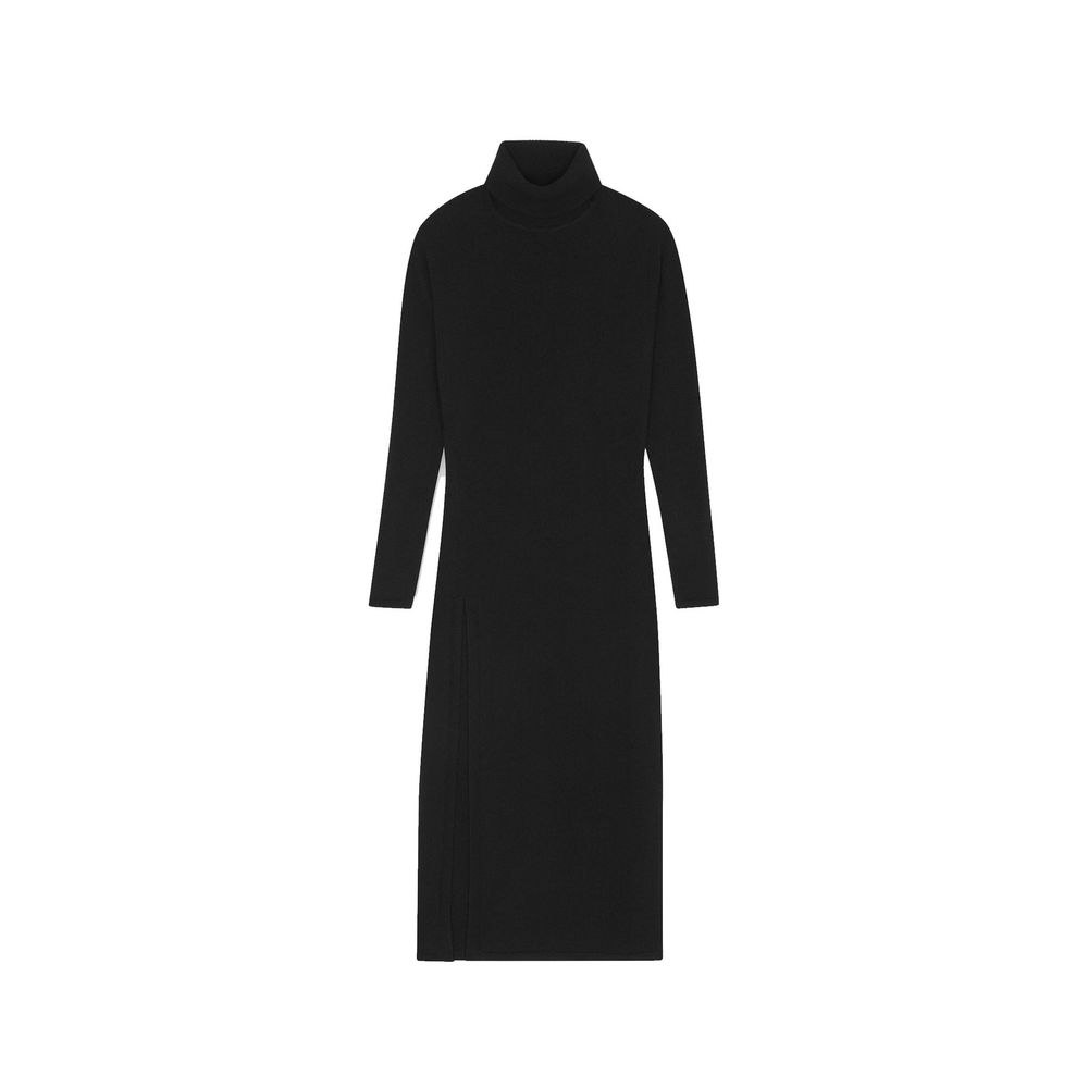 Black Wool Casual Dress with Side Vent