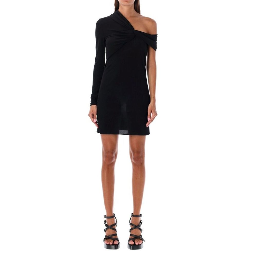Schwarzes asymmetrisches schulterfreies Kleid aus Synthetik