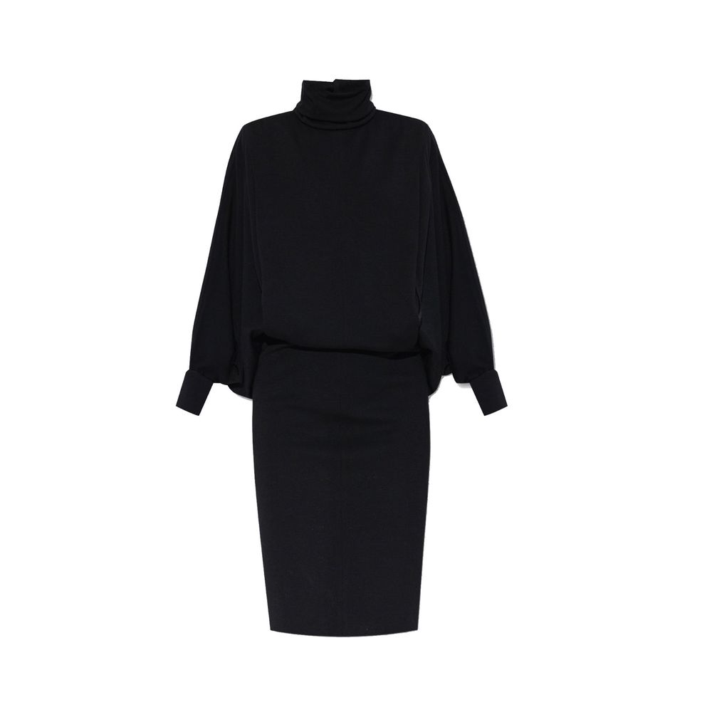 Schwarzes Wollkleid mit Stehkragen und Knopfverschluss