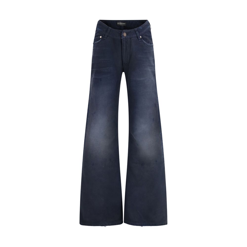 Blaue Jeans mit geschwungenem Bund und ausgestelltem Bein aus Baumwolle