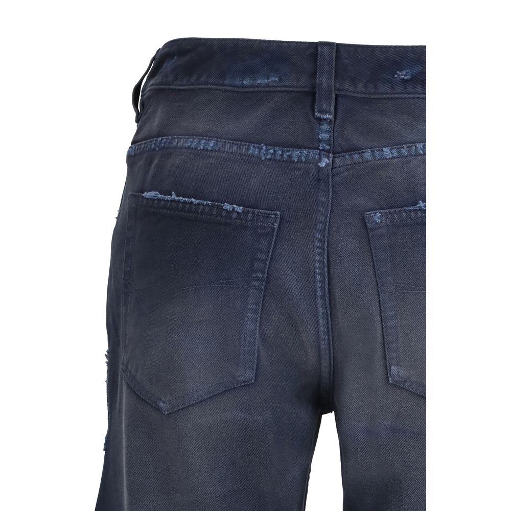 Blaue Jeans mit geschwungenem Bund und ausgestelltem Bein aus Baumwolle