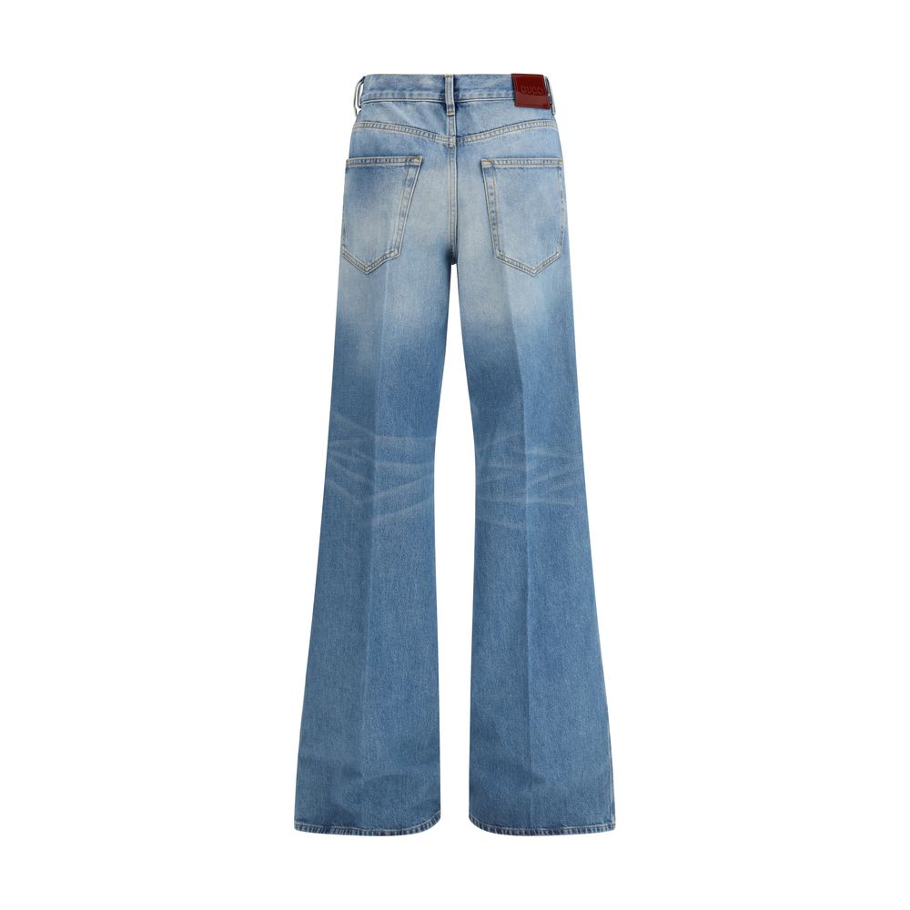 Blue Cotton Flared Jeans with Leather Detail